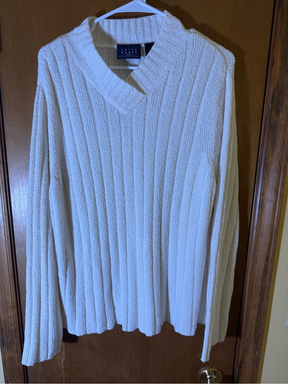 Cozy Horse Cream Ribbed V-Neck Sweater - Women's